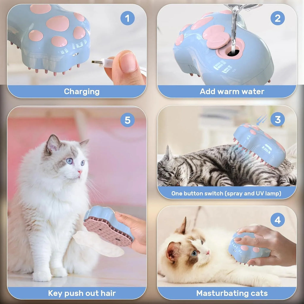 Self-cleaning cat steam brush with blue silicone bristles and release button for pet grooming