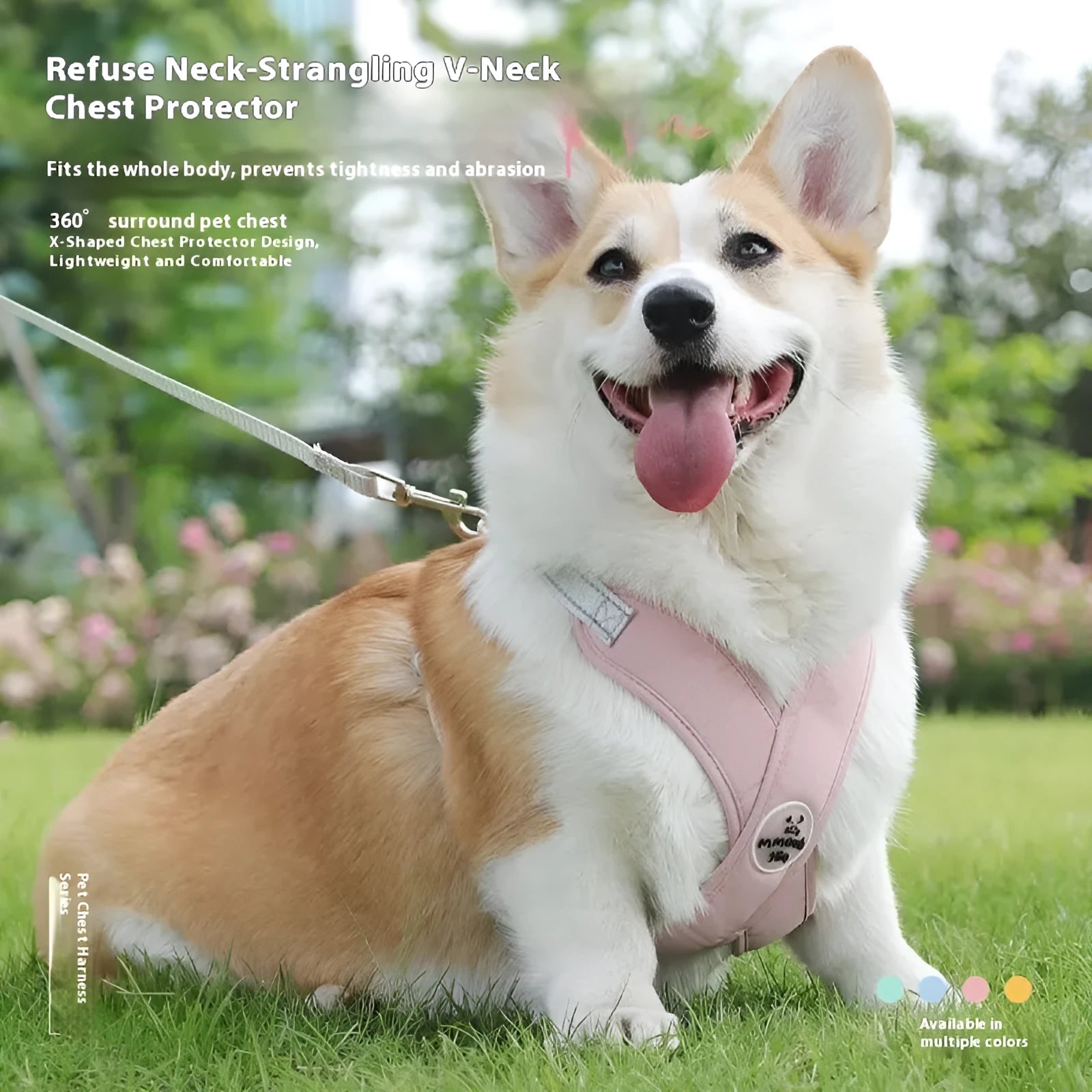 Pet walking vest with hand-held rope in blue, green, pink, or yellow colours