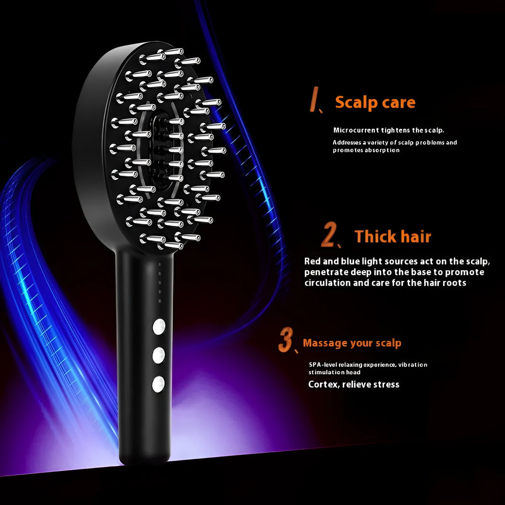 Black handheld scalp massage device with vibration function on a white background.