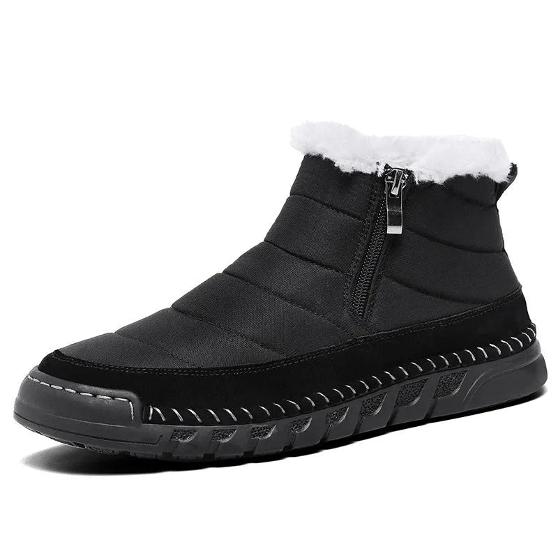 Men's plus size British-style snow boots in black with a cotton upper and flat rubber sole.