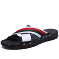 Men's cowhide leather flip-flop sandals with a PU sole in black, blue, or white.