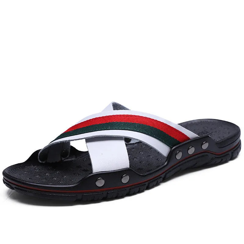 Men's cowhide leather flip-flop sandals with a PU sole in black, blue, or white.