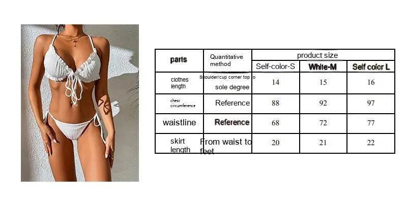Women's Sunken Stripe Pleated Lace-up Backless Sexy Bikini Swimsuit Split Swimsuit in Solid Colour with High Elasticity for Outdoor Swimming and Wading Sports, Available in White and Black, Sizes S, M, L