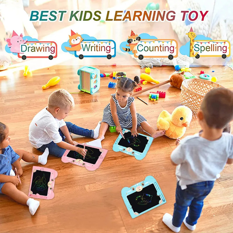 Cartoon children's LCD handwriting drawing board in sky blue, showing a doodle on the 230mm screen with stylus