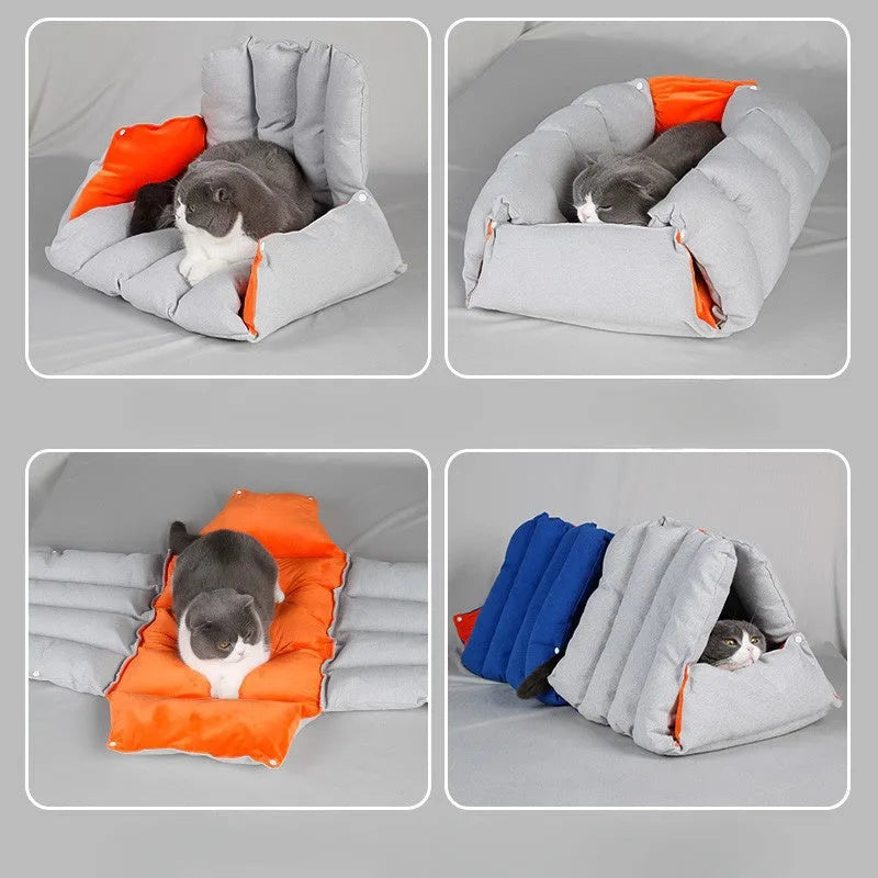 Blue triangular cat bed with drilled connection holes and removable cotton cover