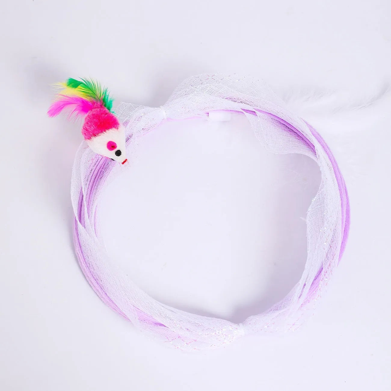 Cat tunnel toy with steel frame and elastic netting featuring feather teaser attachments