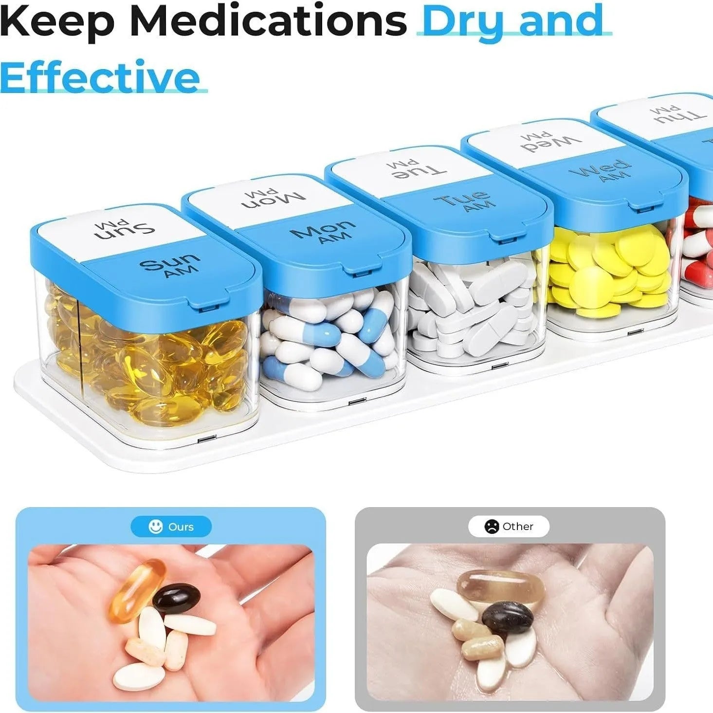 14-compartment pill organiser with removable sections in white and rainbow colour options