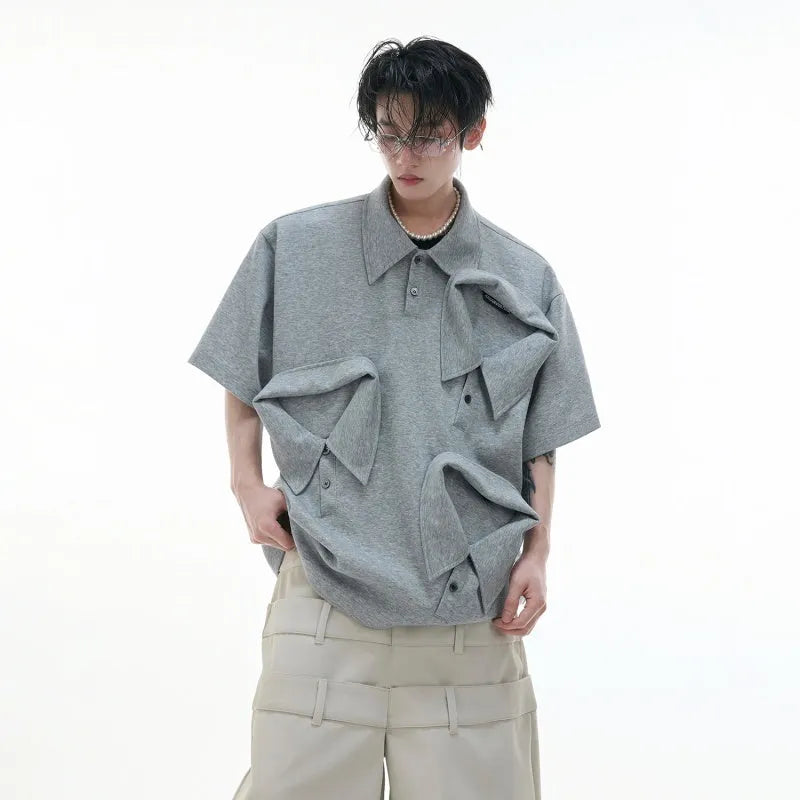 Men's loose fit polo shirt with deconstructed multi-collar design and geometric patterned V-neck