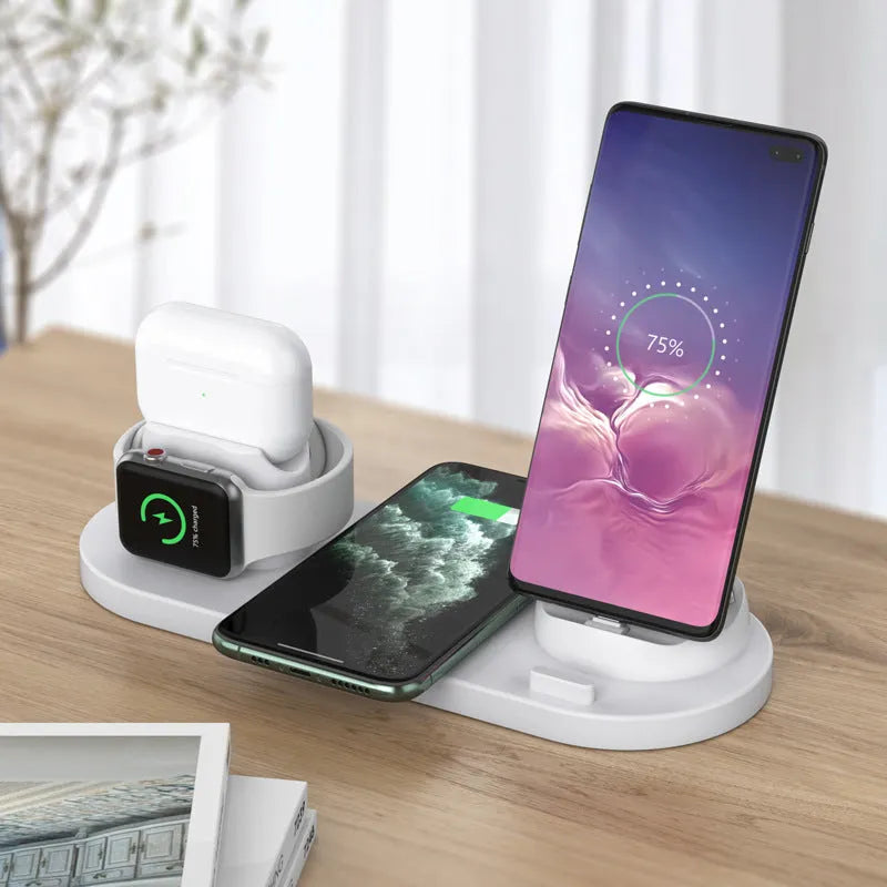 Black 6-in-1 wireless charging station holding phone with AirPods and watch charging