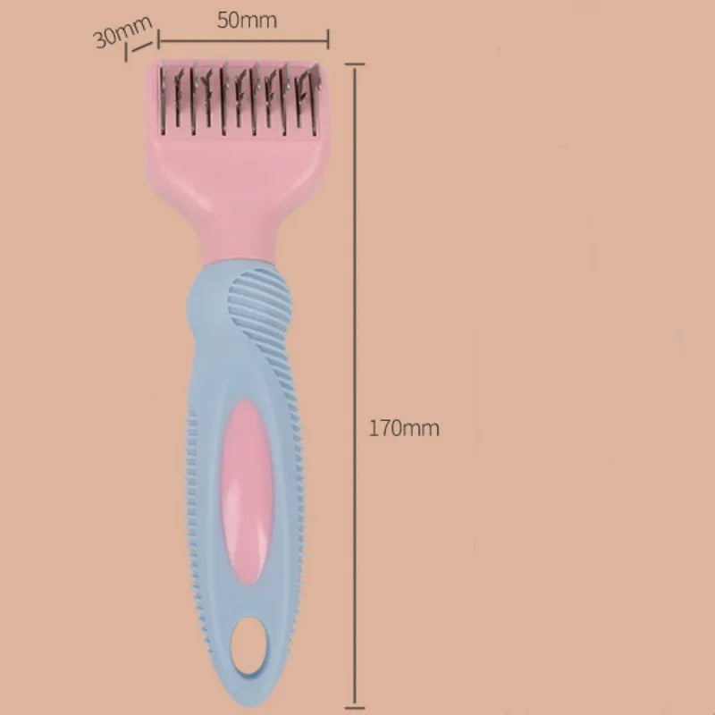 Pink and purple pet grooming comb with stainless steel knot knife and brush heads.