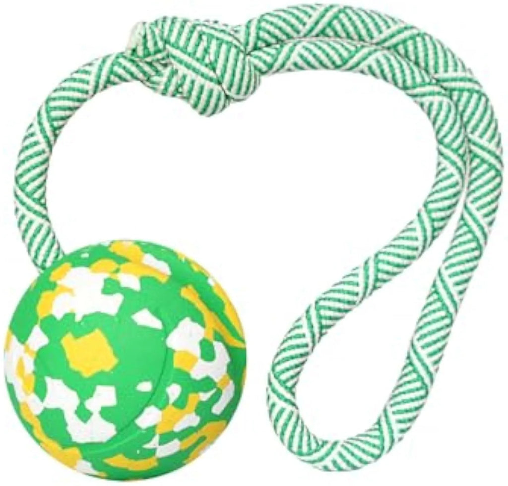 Natural rubber dog ball attached to nylon rope toy for medium and small dogs in two size options