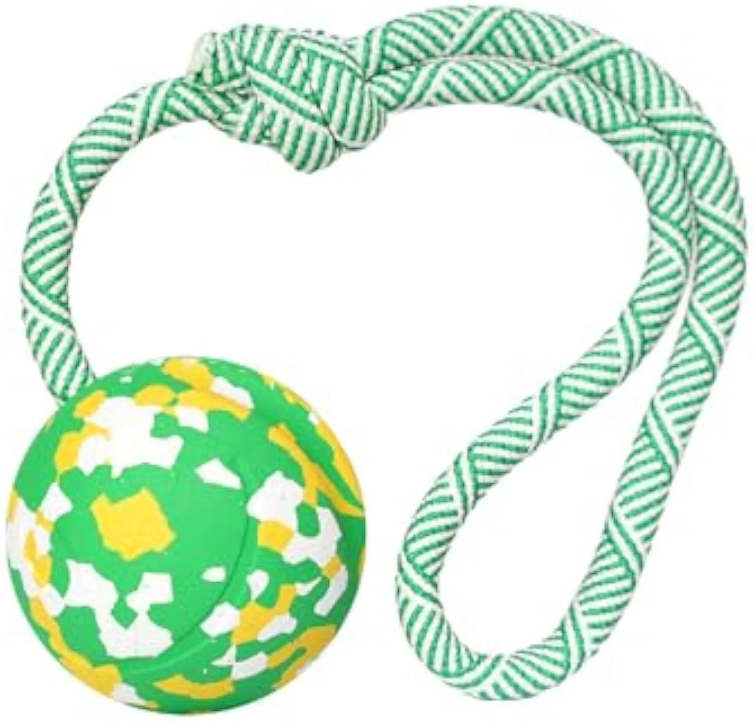 Natural rubber dog ball attached to nylon rope toy for medium and small dogs in two size options