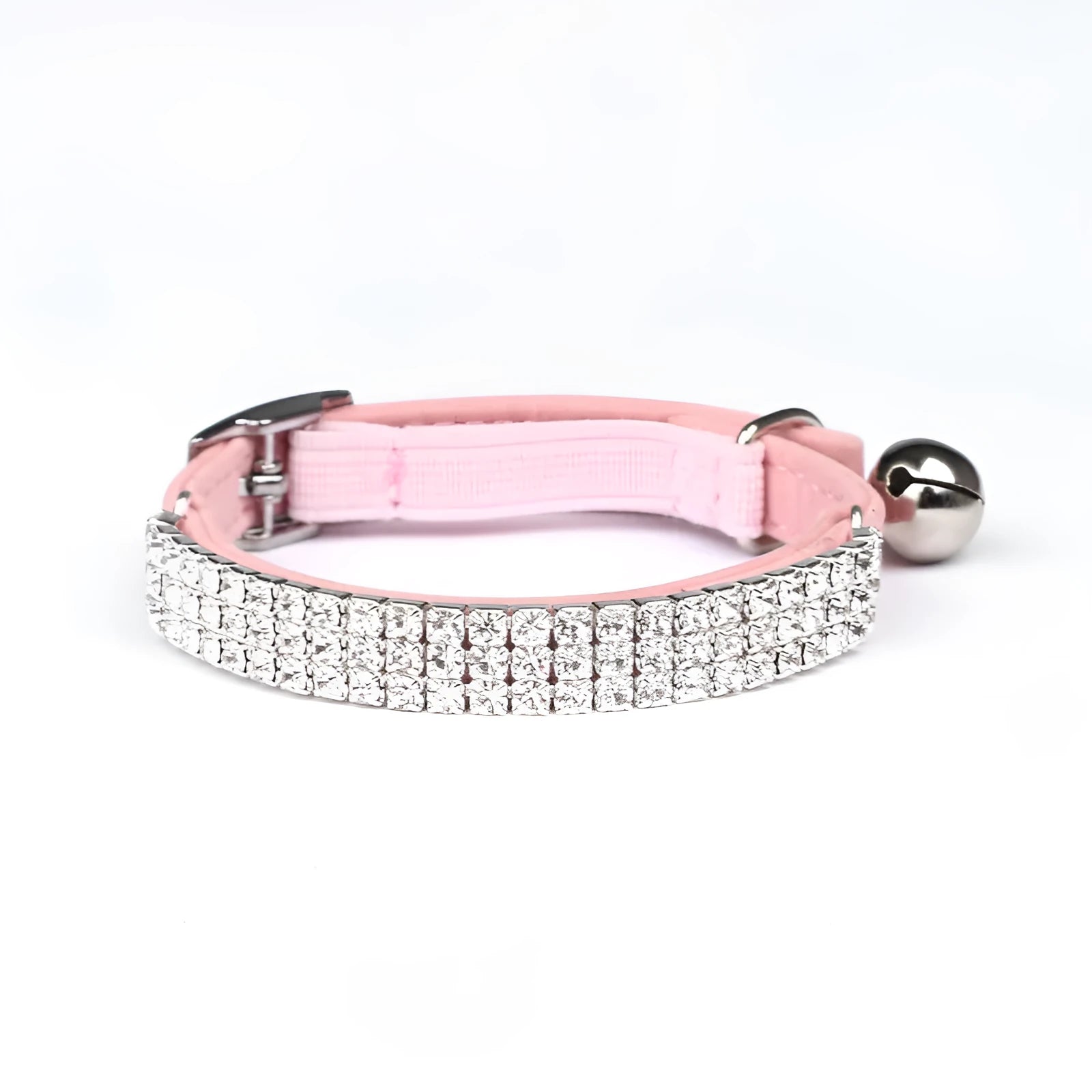 A velvet suede cat collar with rhinestone decoration, shown in an adjustable length from 20 to 30 cm.