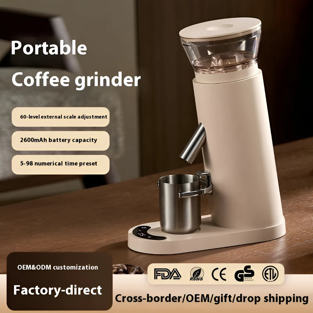 Portable electric coffee grinder with stainless steel 0.5L reservoir in beige or black colour options