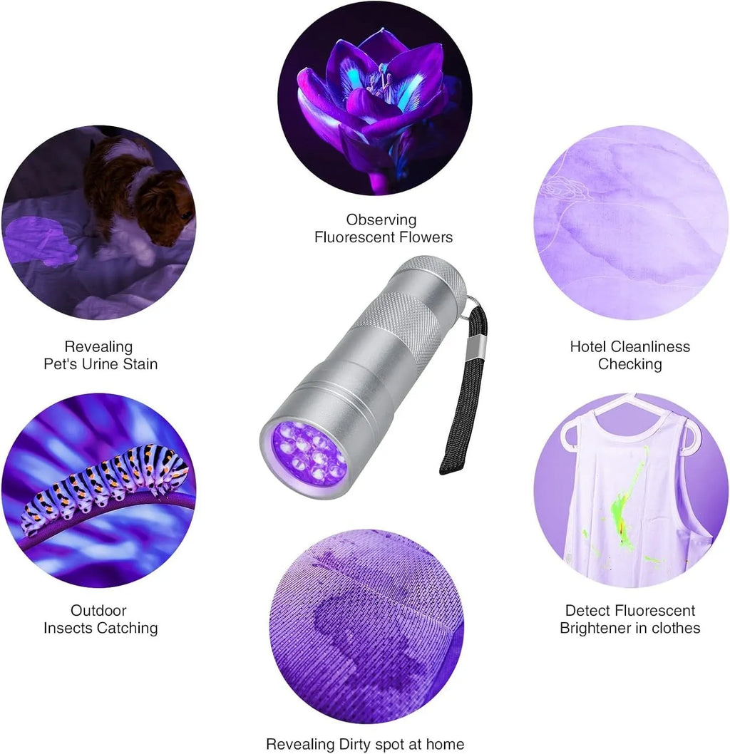 Black aluminium alloy handheld UV flashlight with tail switch, 9.8cm long, for detecting stains and insects.