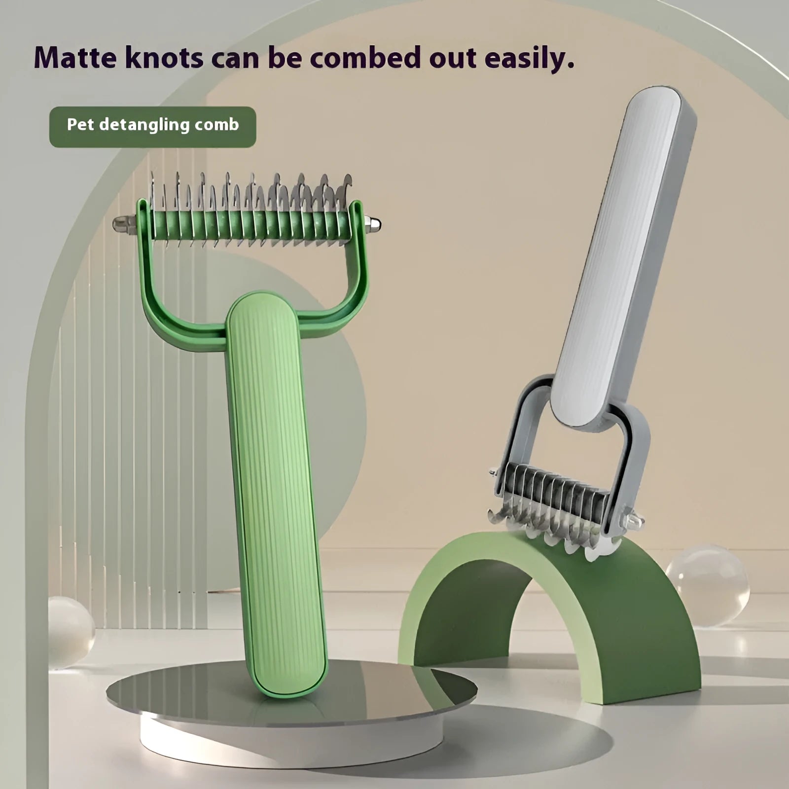 Green or grey dog grooming comb with stainless steel teeth for unknotting pet hair