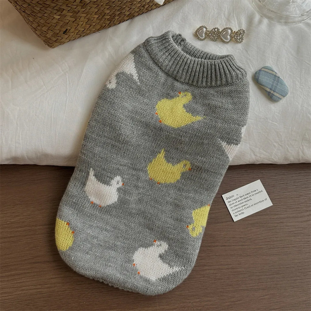 Grey Fair Isle polyester sweater for little dogs and teddy breeds, autumn winter pet clothing