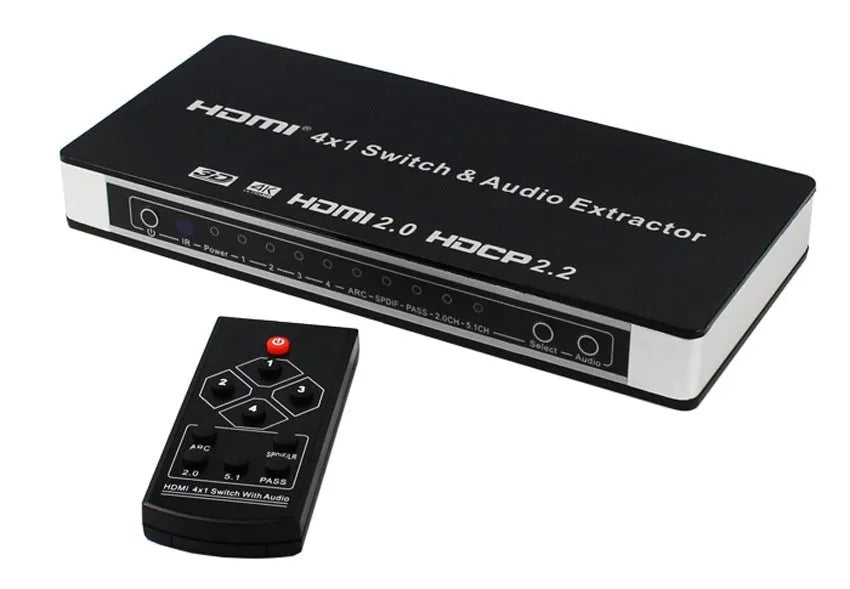 Black 4-port HDMI input switch with remote control on a table