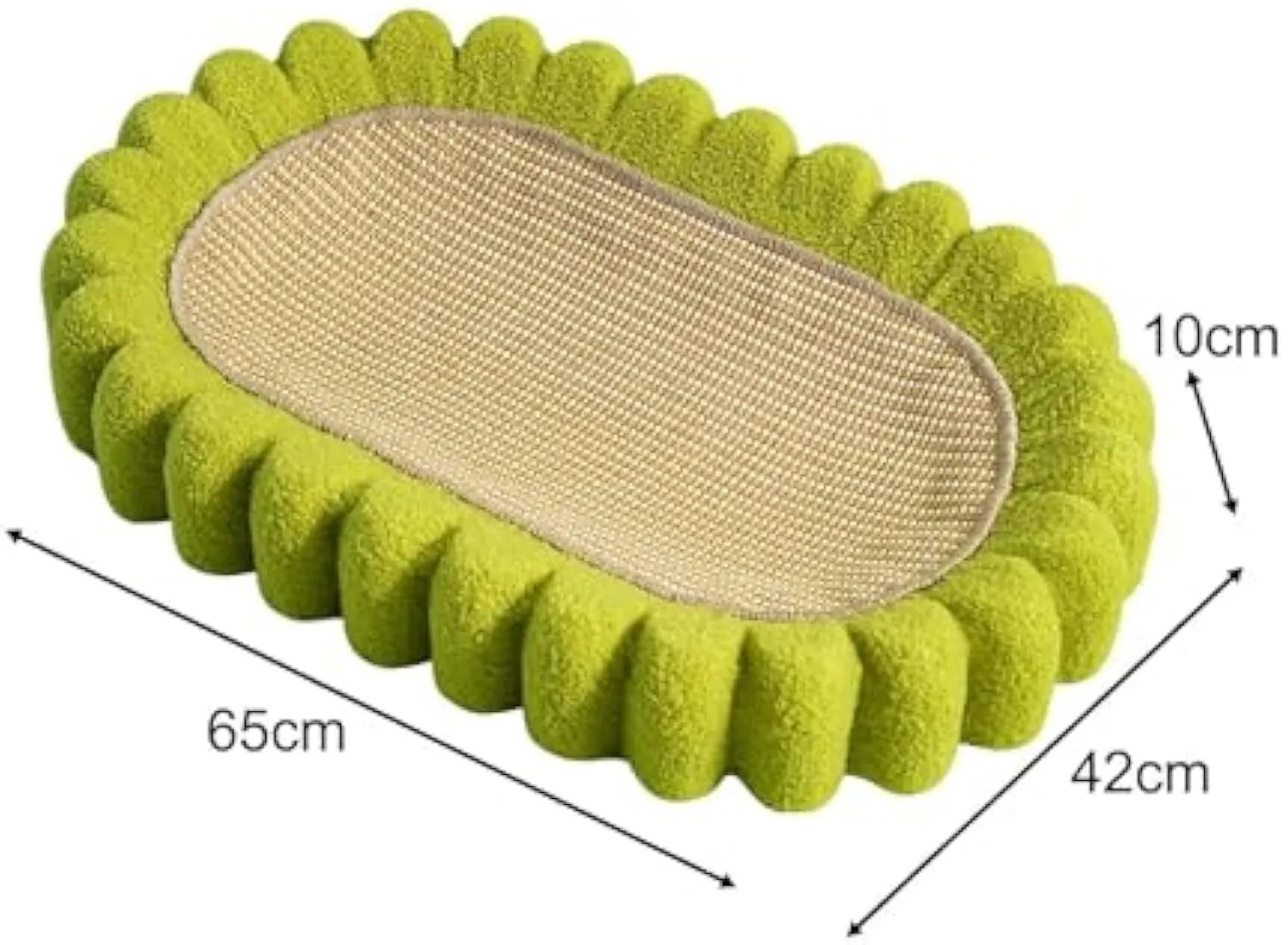 Green oval cat scratch pad and lounger bed made from sisal fabric.
