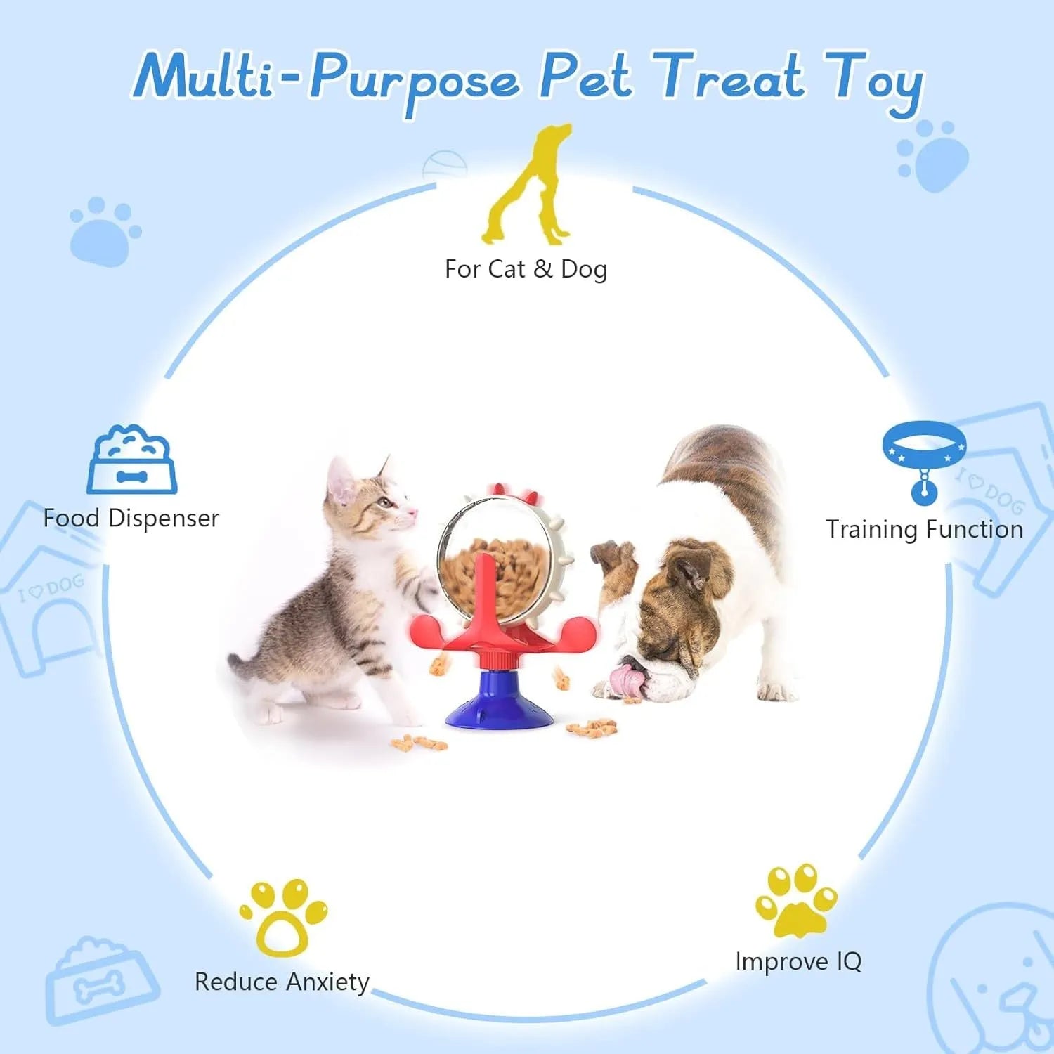 Interactive pet puzzle feeder with spinning dispenser and suction cup base in blue green red yellow colours