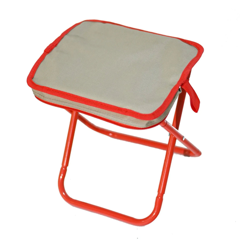 Foldable outdoor camp stool in Oxford cloth, shown in a khaki colour, compactly folded with carry handle.