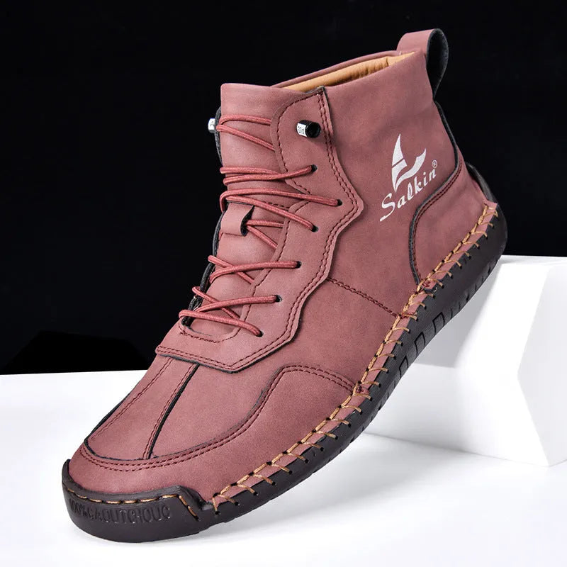 Retro-style men's high-top casual boots with elastic bands and flat rubber soles in frosted artificial PU leather