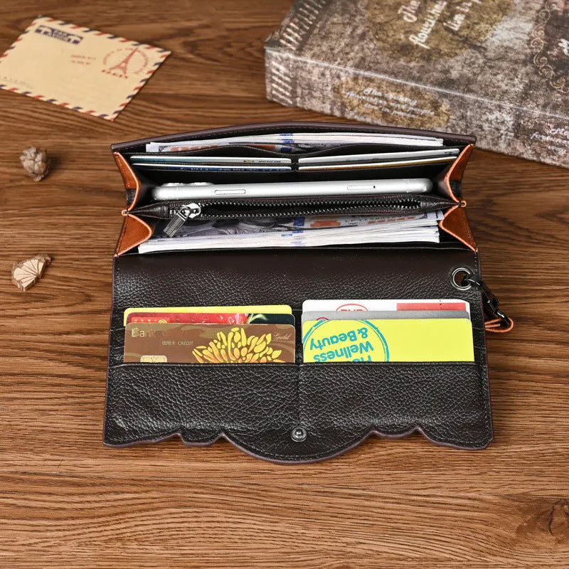 Women's tri-fold leather wallet with Chinese embossed floral pattern in retro brown colour