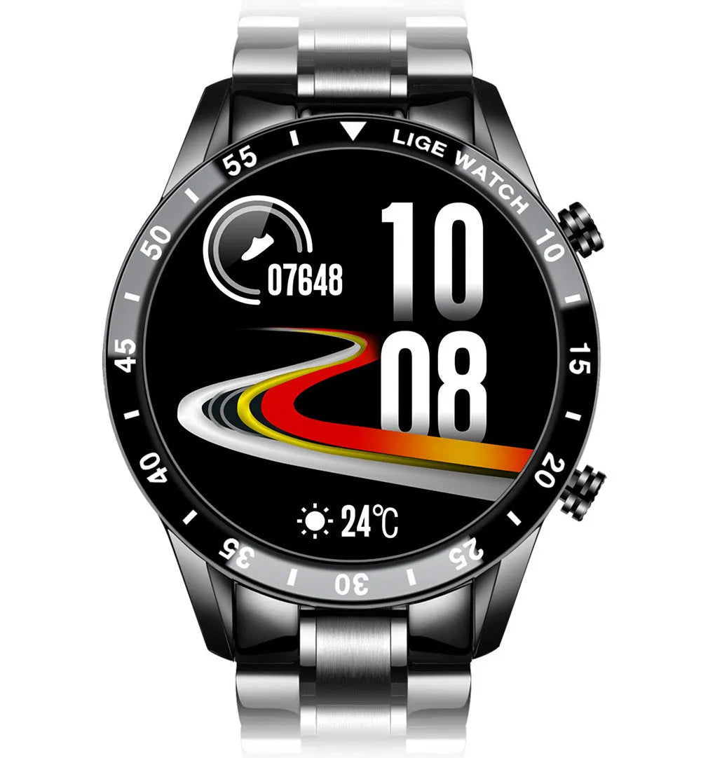 Smart watch with stainless steel wristband and 1.3-inch touch screen displaying step counter