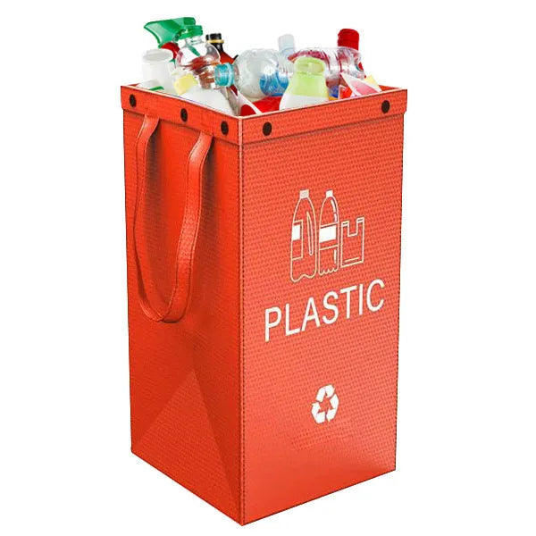 Blue 40-litre plastic handbag-style garbage bin with dimensions 30cm by 50cm by 30cm.