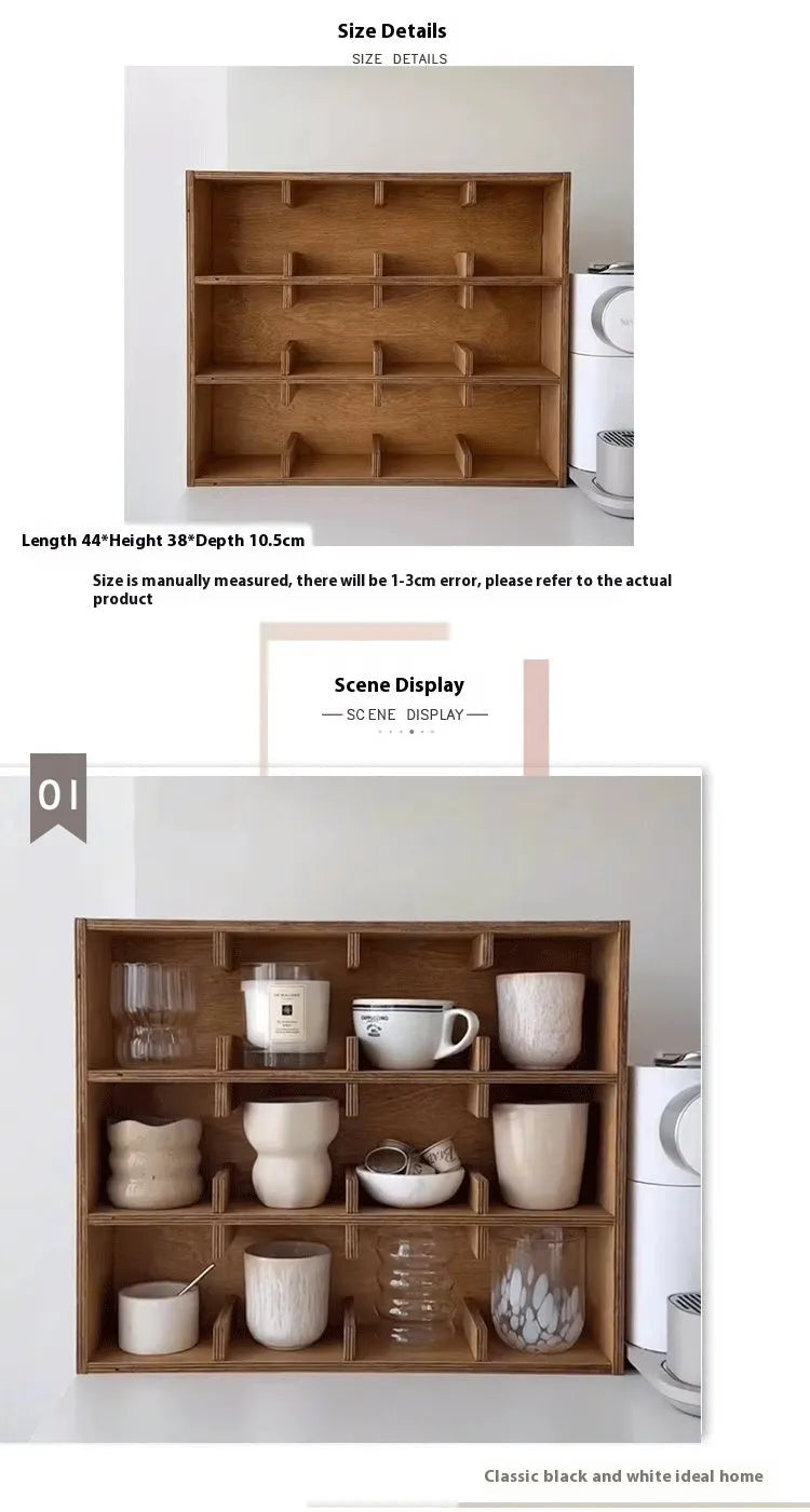 Square wooden storage rack with multiple grid compartments for cups in a birch wood finish.
