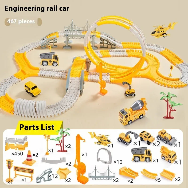 Rail car toy set with plastic track pieces and two electric cars in multiple piece counts