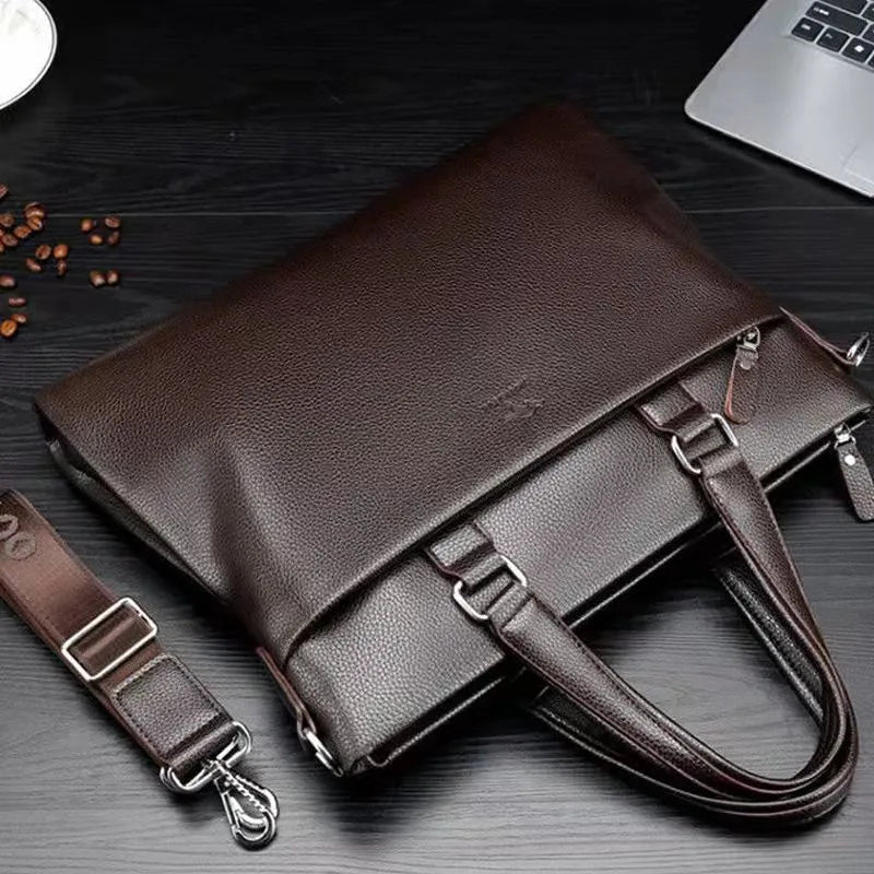 Men's black PU leather business messenger bag with splicing details measuring 35x30x4cm