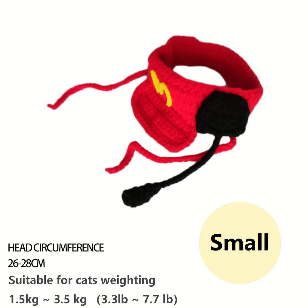 Handmade white cotton knitted sweater and red-trimmed chef hat for a small dog wearing the costume.