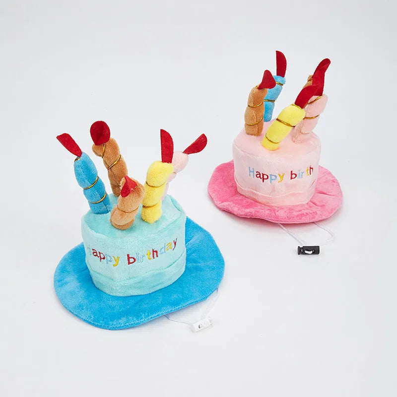 Blue dog birthday hat with elastic chin strap for pet party celebrations