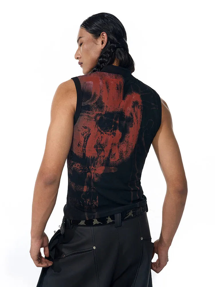 Black slim-fit sleeveless t-shirt with half-turtleneck collar and a printed character design on the front.