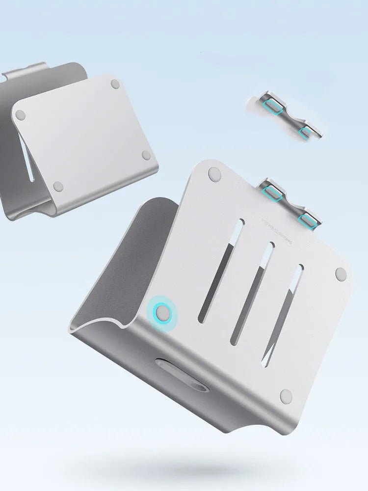 Aluminium alloy rotary laptop cooling bracket in grey and silver, showing adjustable angle and open-frame design.