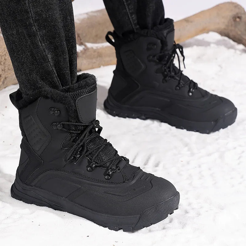 Men's black fleece-lined high-top lace-up boots with a ribbed TPR sole on a plain background.