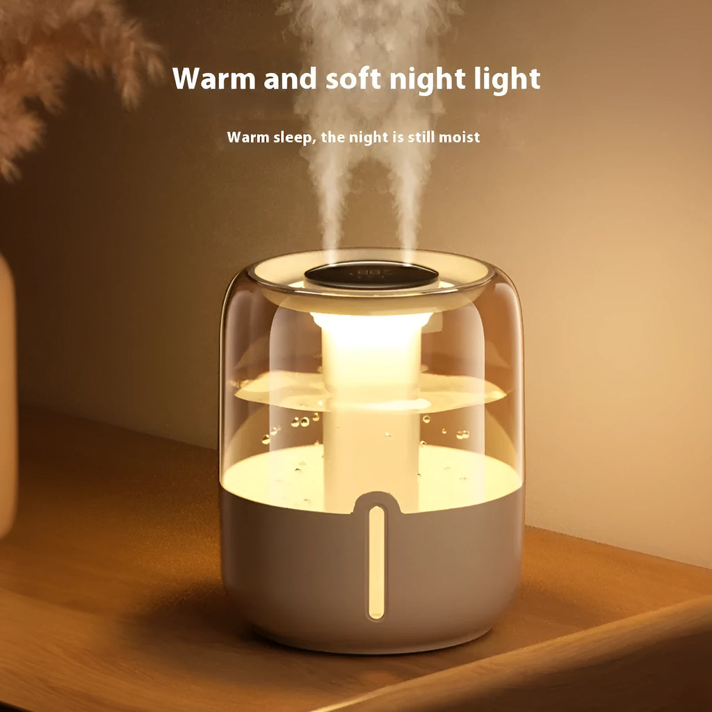 Beige round USB humidifier with dual spray nozzles, humidity display, and gear controls.