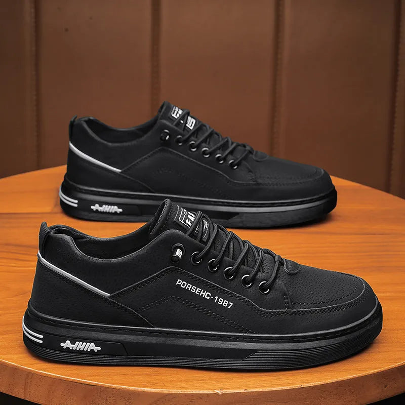 Men's waterproof casual shoes in black colour with round toe and low-top design