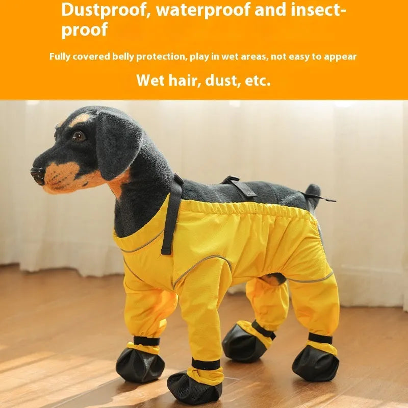 Pet anti-dirty pants in yellow, dog outing shoe cover, casual polyester pet clothing for small to large dogs