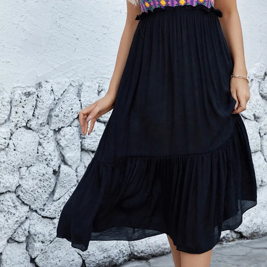 Purple sleeveless dress with hand hook flower stitching detail on front