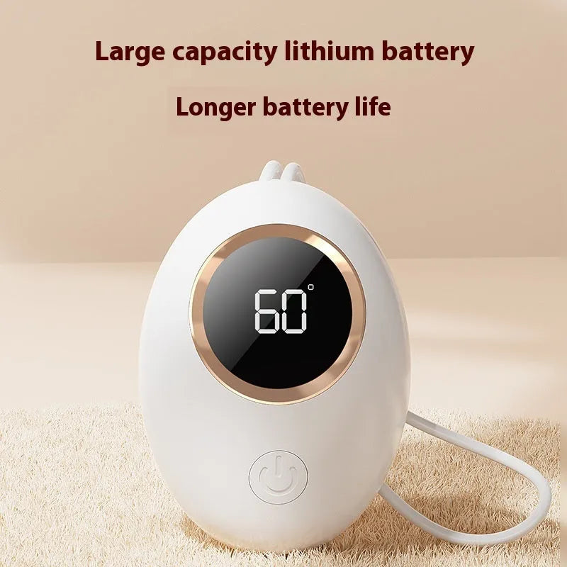 USB-powered hand warmer with digital display showing battery level and heat settings