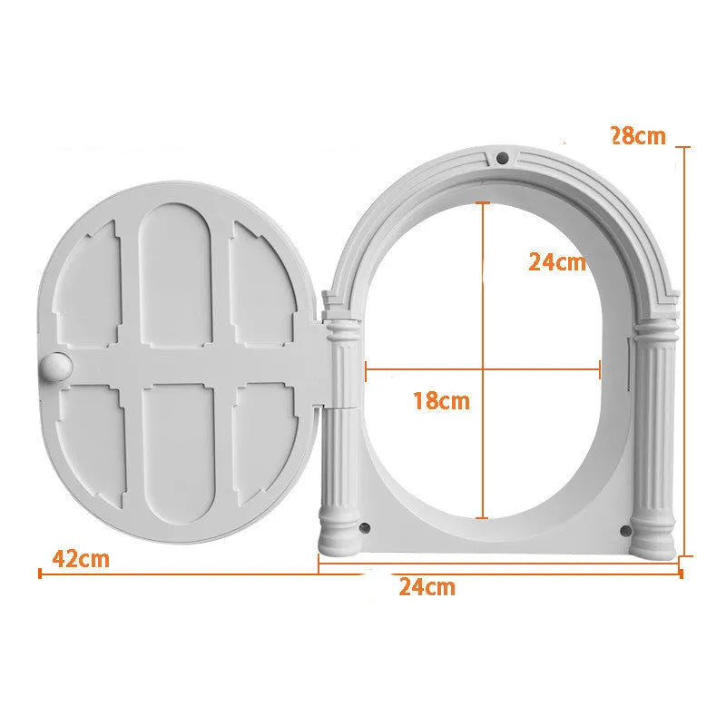 White plastic cat dog door with minimalist design on a black background