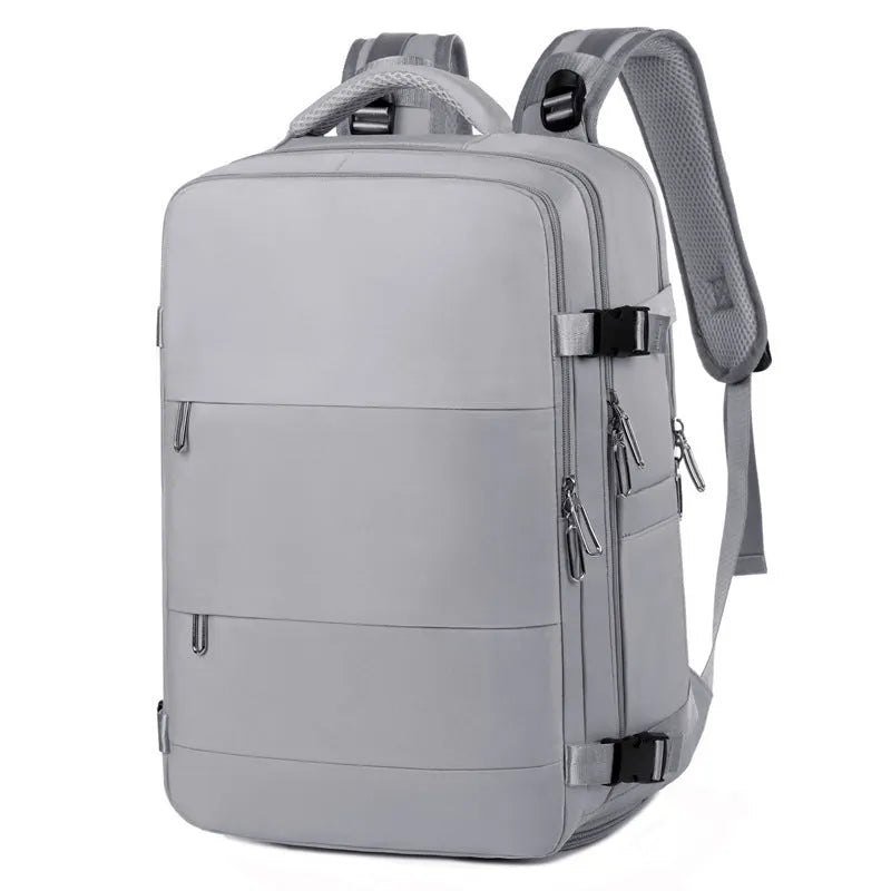 Purple large-capacity travel backpack with multiple compartments and air-pillow shoulder straps.