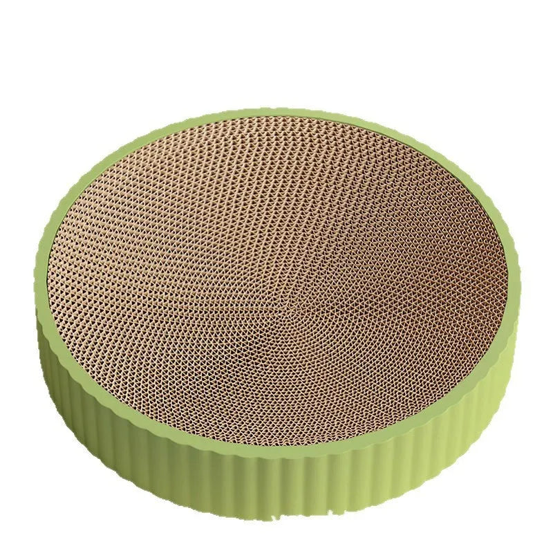 55cm round green cat scratching board with replaceable corrugated paper centre and cat nest design