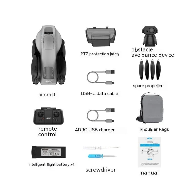 White brushless folding quadcopter drone with camera and obstacle avoidance sensors, shown with remote control, batteries, and shoulder bag.