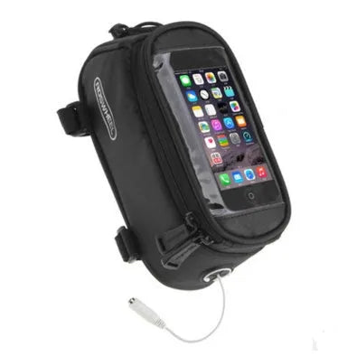 ROSWHEEL black waterproof PVC bicycle frame bag mounted on a bike, holding a mobile phone.
