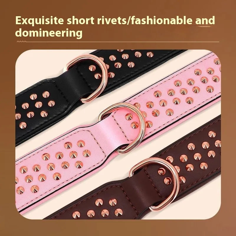 Leather dog collar with visible rivets in black, chocolate or pink for medium to large breeds