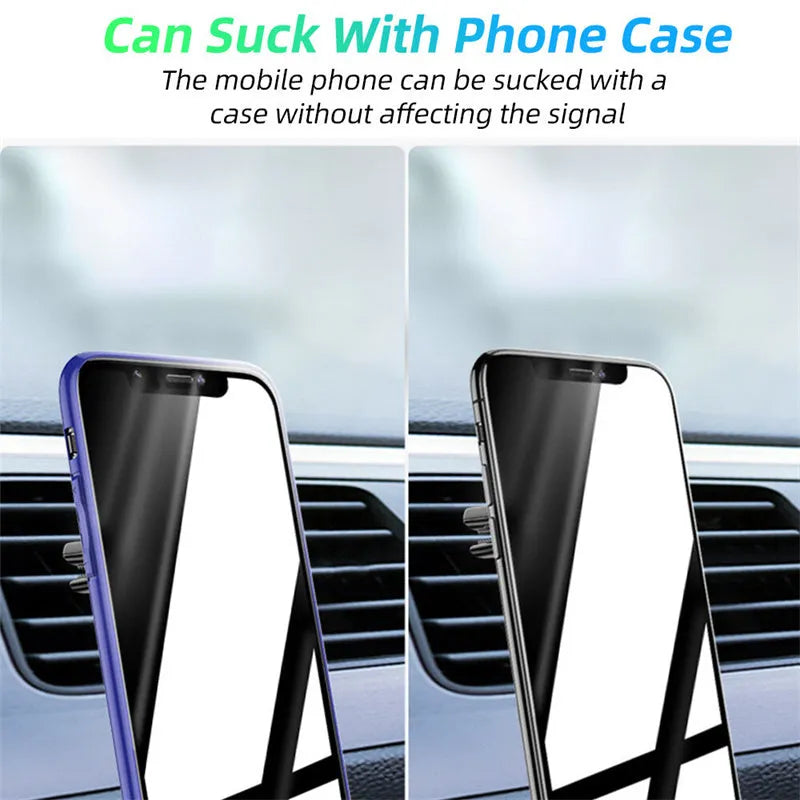 Magnetic car phone holder attached to vehicle air vent with phone mounted