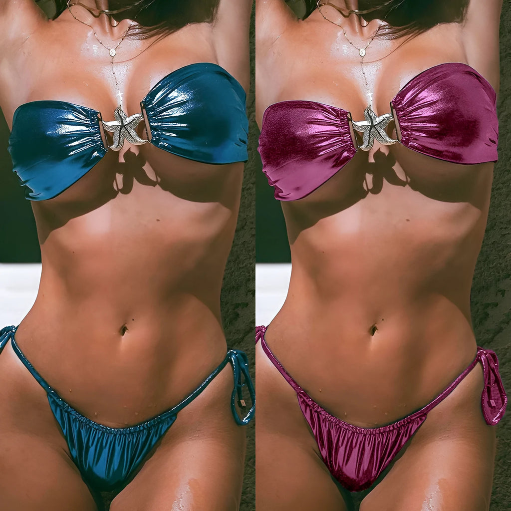 Women's glossy sapphire blue bikini with gold starfish print, showing backless two-piece design.